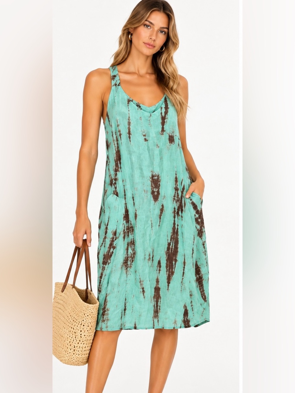 Linen Tie-Dye Midi Dress Aqua Brown Boho Racerback Sleeveless Pocket Dress - Picture 2 of 8